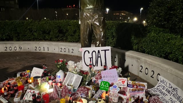 The Nick Saban statue on campus after announcing his retirement from Crimson Tide football.